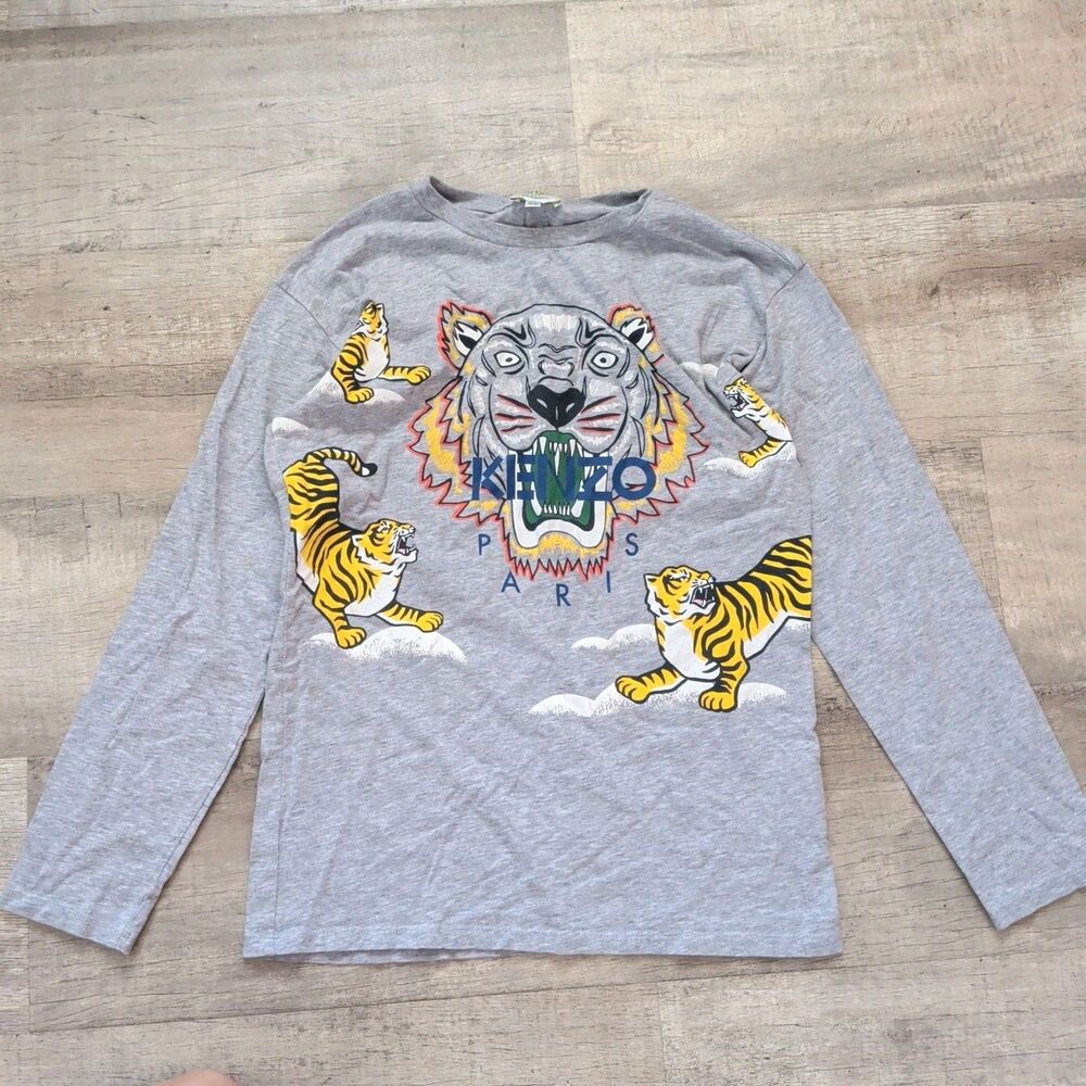 Kenzo Kids Paris Tiger Long Sleeve Shirt Gray Graphic Logo Top Boys Size 12/152